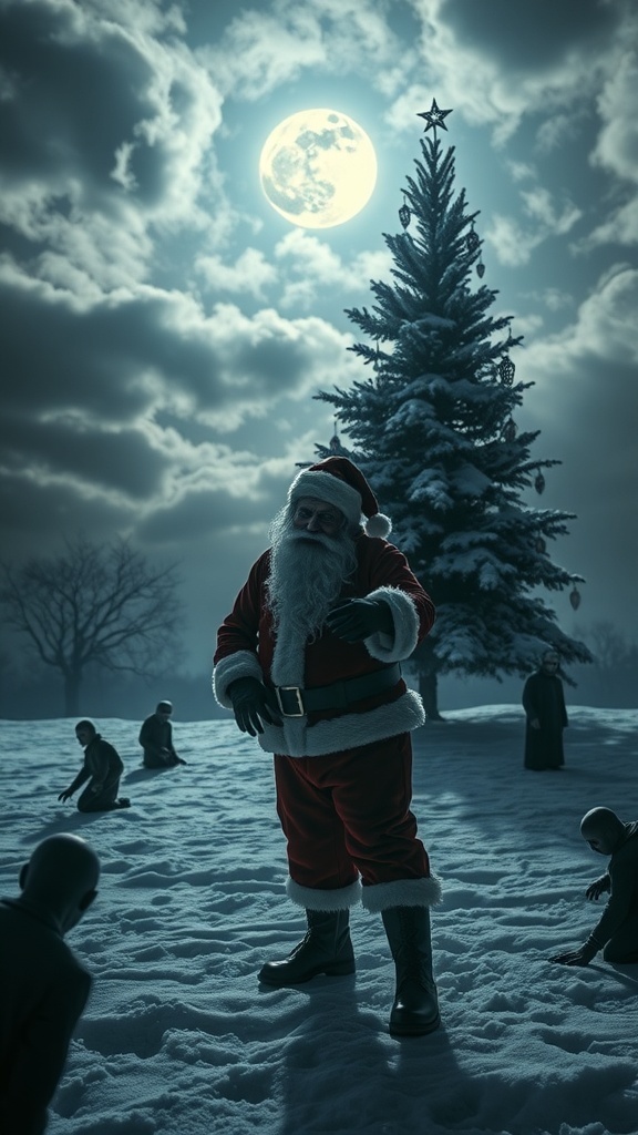 A dark and eerie Santa Claus in a snowy landscape with a haunted Christmas tree.